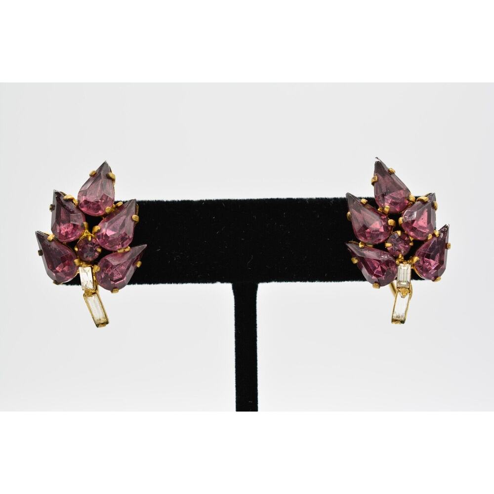 Vintage Crystal Screw Back Leaf Earrings Purple Prong Marquise Signed 9I
